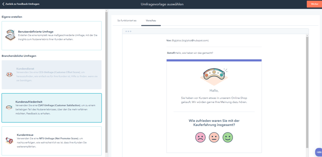 Customer Satisfaction Score (CSAT) mit HubSpot Feedback-Umfragen Tool erstellen Beispiel