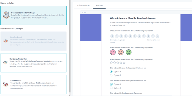Kundenzufriedenheitsumfragen mit HubSpot Feedback Umfrage Tool erstellen Beispiel