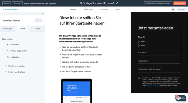 takeoff hubspot Landingpage erstellen Beispiel