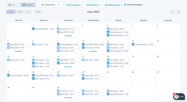 takeoff hubspot social media kalender Beispiel